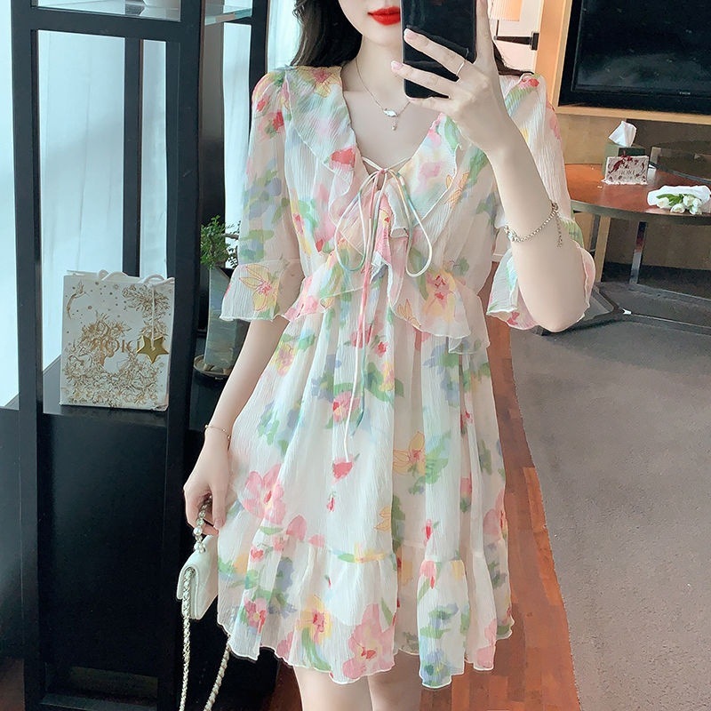 【3663人收藏】2025夏季连衣裙名媛风韩版瑞丽甜美淑女型荷叶边裙