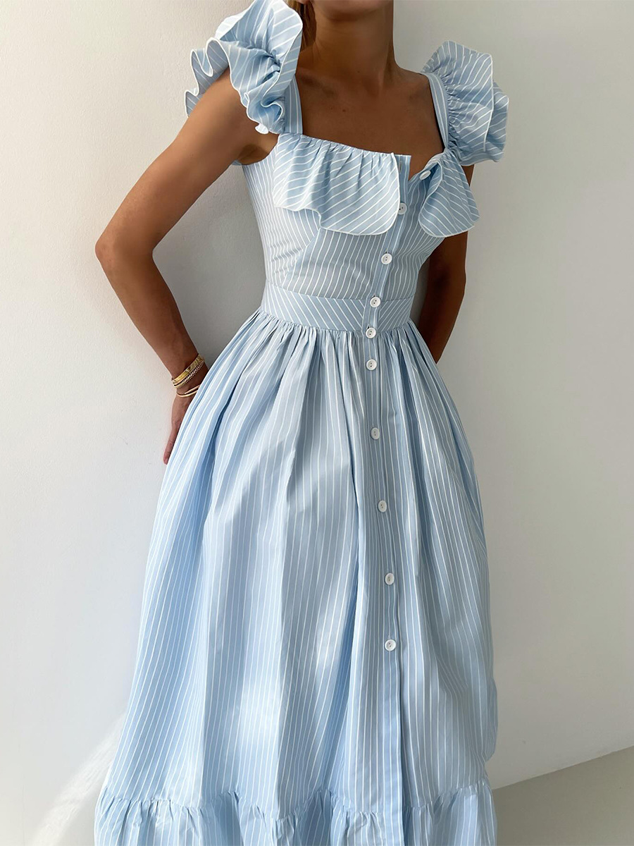 Women's Clothing Striped Dress Button Down Cardigan Waist Cinching Long Dress Summer New Style Flutter Sleeve_ecoleips.com
