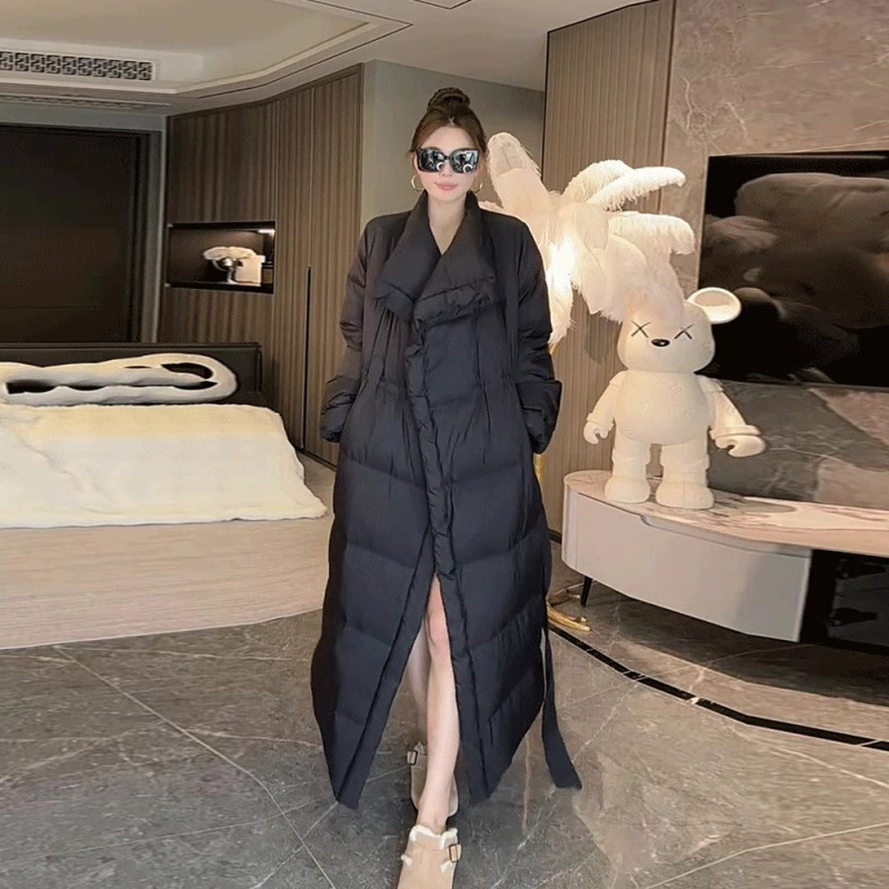 2025 новый зимний корейский стиль ретро элегантный пуховик с большими лацканами и длинными ремешками для женщин