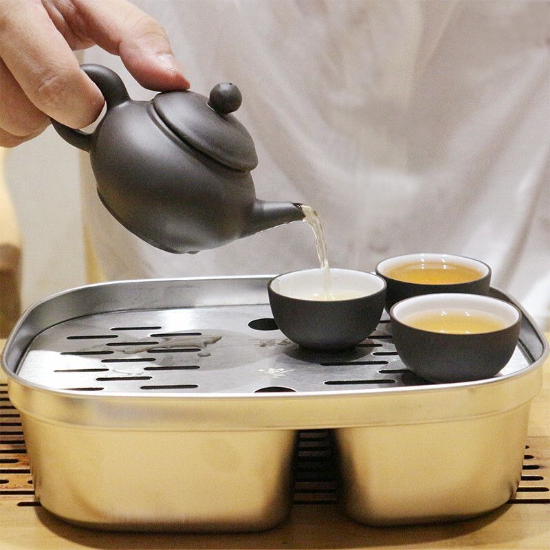 Simple Stainless Steel Tea Tray Set for Outdoor Use, Small Rectangular Tea Tray with Water Storage for Camping Simple Stainless Steel Tea Tray Set for Outdoor Use, Small Rectangular Tea Tray with Water Storage for Camping