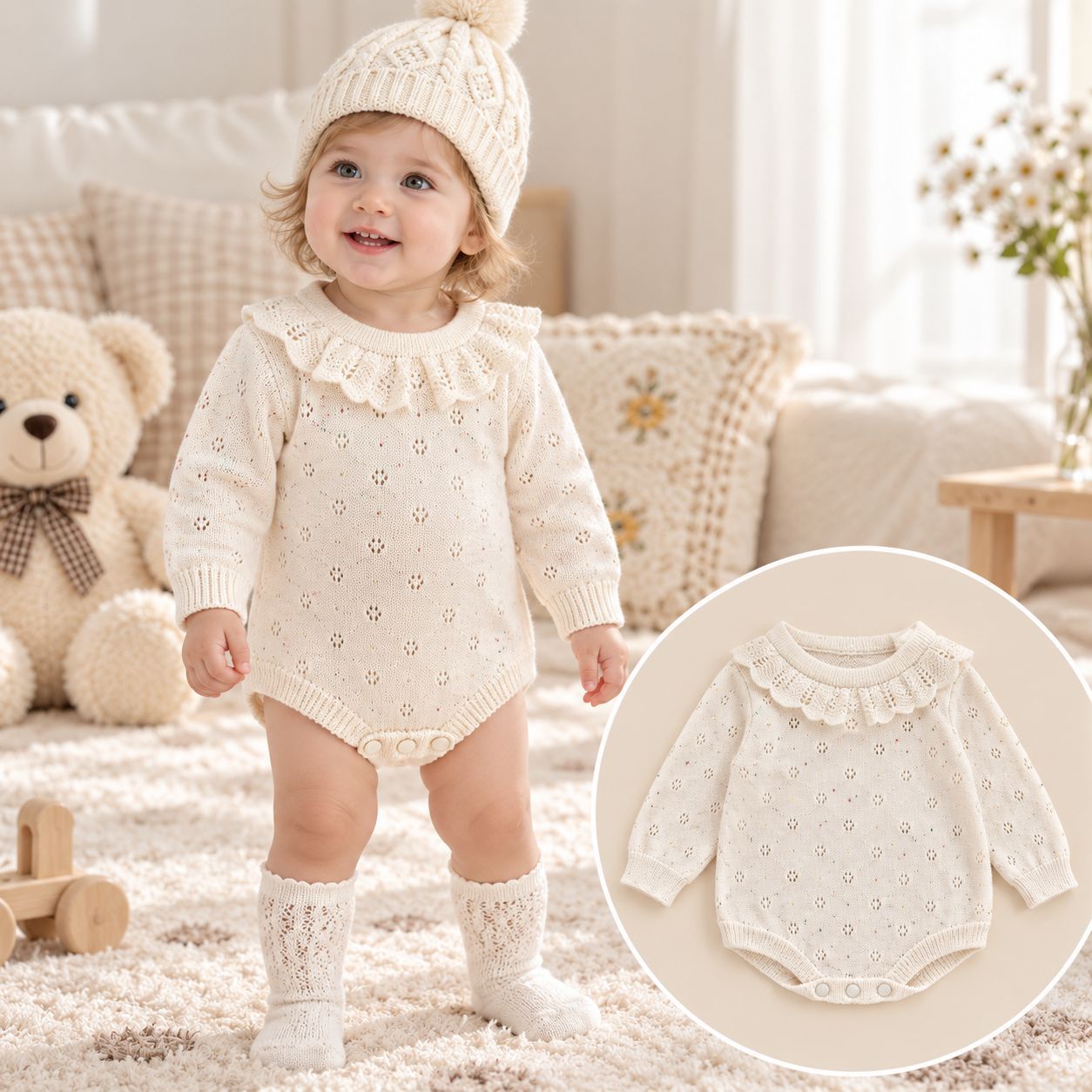 Girls' romper, 100% pure cotton, soft and skin-friendly, floral print, long-sleeved, lace collar, loungewear, base layer, crawling suit