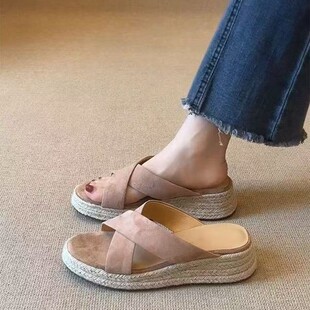 5cm Retro Straw Wedge Sandals Women's 2025 Summer Outfit Platform Thick Bottom Cross with Open Toe Slippers
