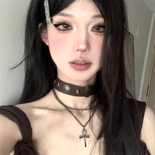 Maillard Brown Leather Collar Vintage Antique Double Layer Cross Stacked Necklace Punk Trendy Cool Hot Girl Necklace