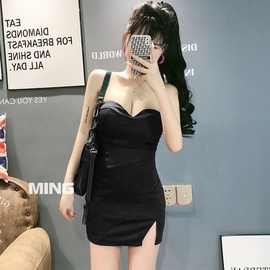 工作服2025新款性感低胸浴足桑拿紧身包臀短裙子抹胸连衣裙女网纱