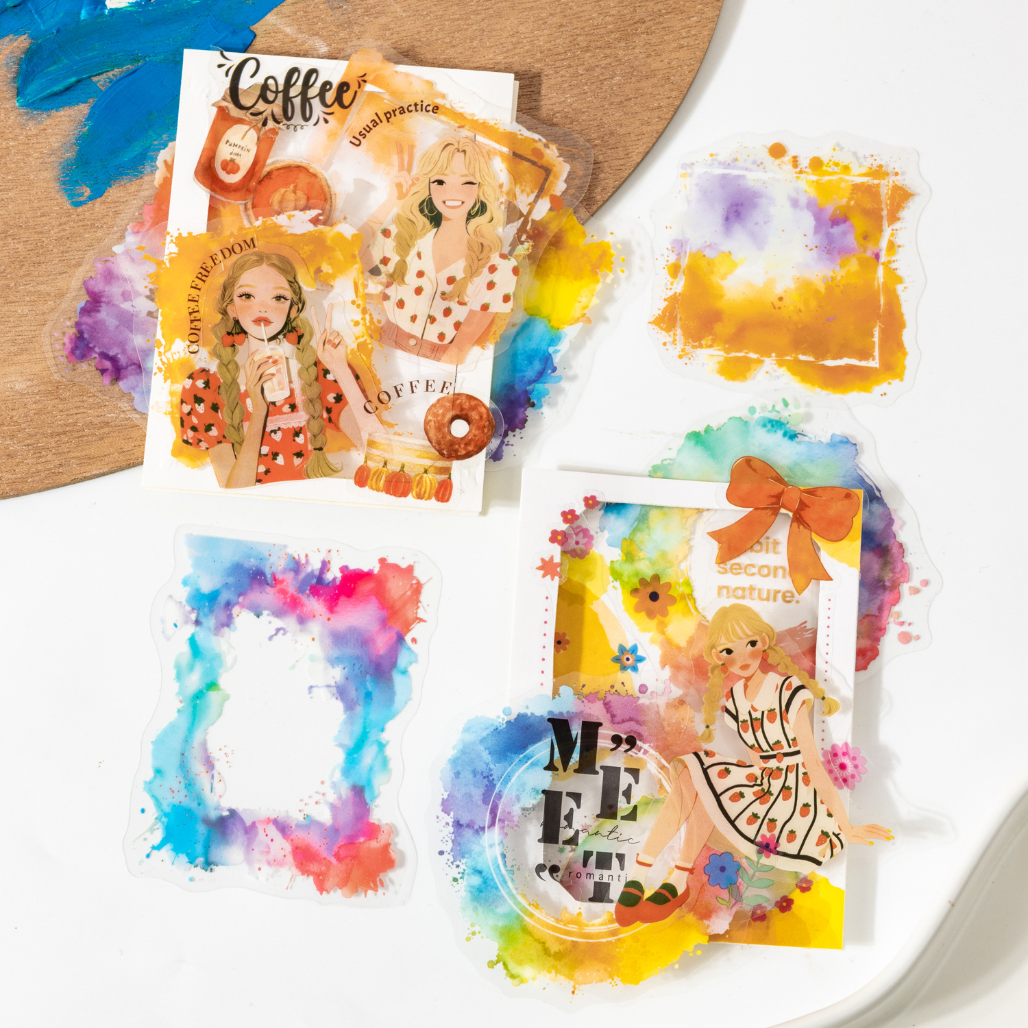 Ketchup girl acuarela floreciente borde PET pegatinas floreciente borde colorido bricolaje decoración de cuentas de mano collage