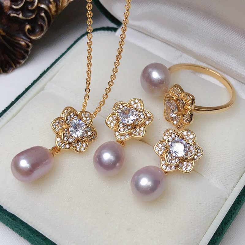 115g Weight Zircon Inlay Material Jewelry Set Classification 1 Set Quantity Simple Style Flower Copper Inlay Zircon Jewelry Set