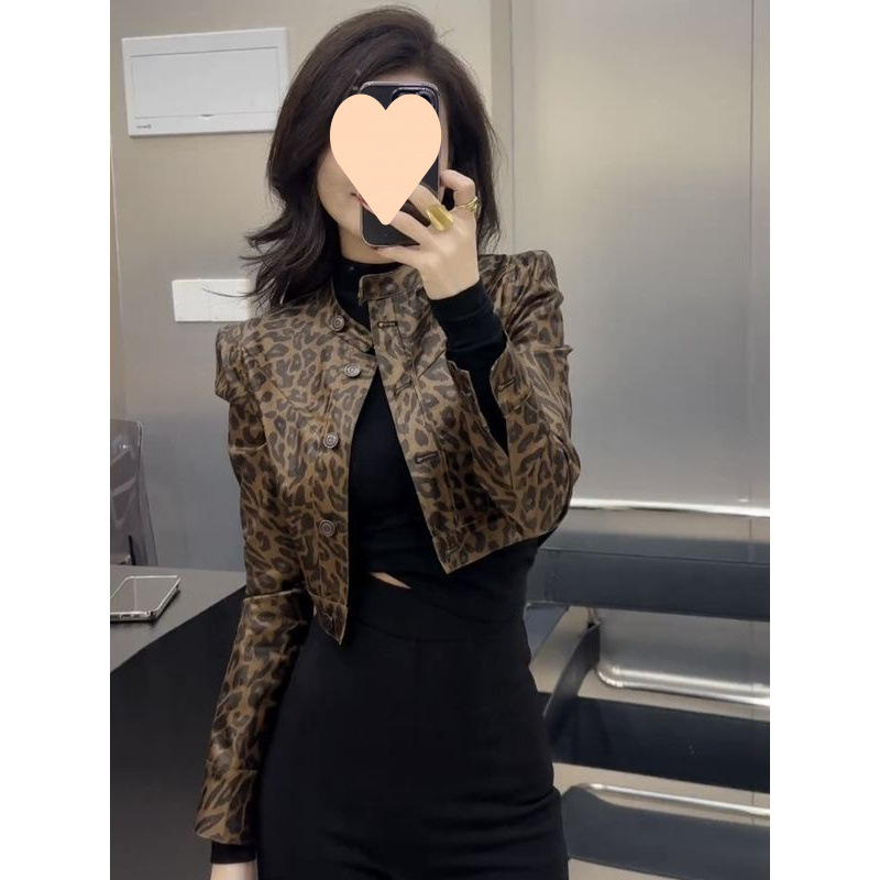 港風短款豹紋外套女2025年秋冬季新款韓版顯瘦百搭長袖小西服