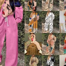 欧美新款外贸跨境女装休闲圆领宽松印花基本款女式卫衣套装秋