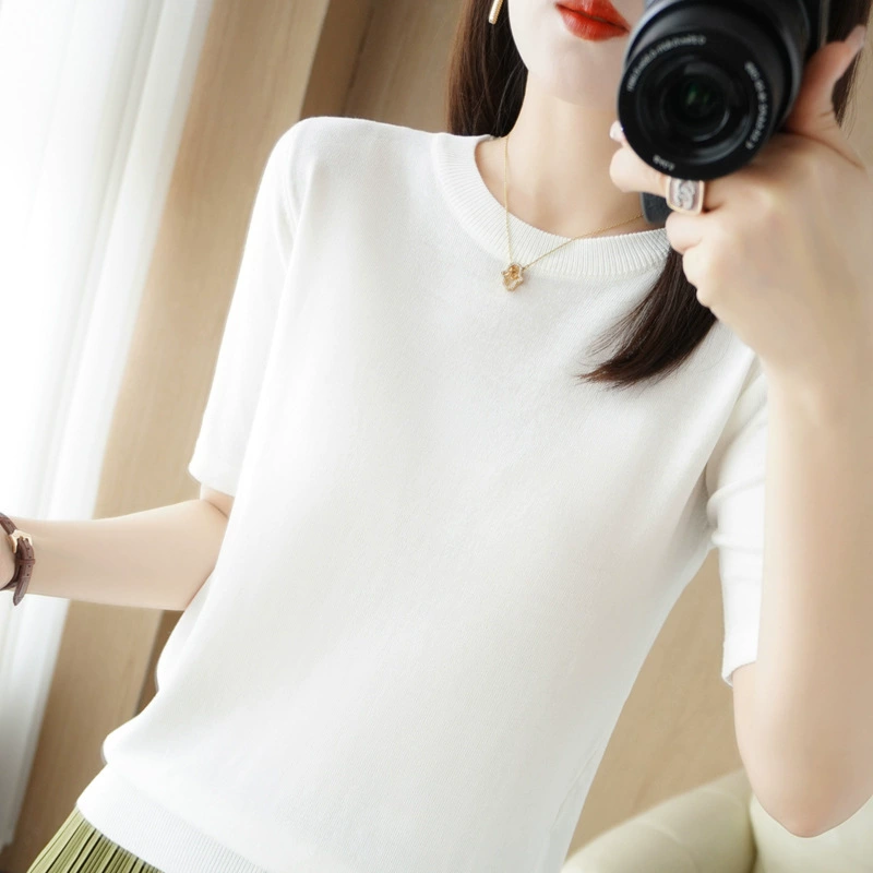 Свитер с круглым вырезом из ледяного шелка, Женский 2023, летняя новая простая универсальная верхняя модная атмосферная футболка оптом