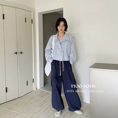 TTOO VOUIS初秋新款2210针织披肩天丝面料短款竖条纹衬衫两件套女