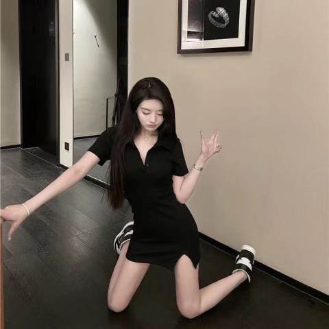 Navy-style women's summer dress: sexy, elegant, waist-defined, figure-flattering, short-sleeved, with a notched lapel and A-line silhouette