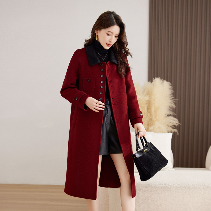 Contrast Color Fashionable Double-Sided Woolen Outwear 2025 Autumn and Winter New Style Right Shoulder Slim Slim Wool Outwear Mid-Length Women's