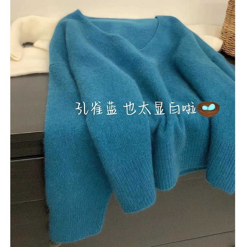 Мягкий клейкий павлин синий V-образный вырез вязаный женский толстый осенний и зимний свободный ленивый свитер пуловер короткий топ