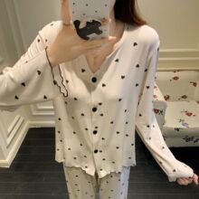 春秋季甜美睡衣女开衫v领家居服套装长袖冰丝螺纹女士小爱心