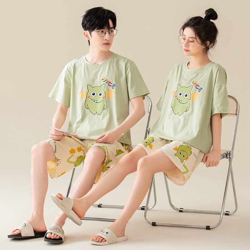 [Antibacteriano] Pijamas de pareja de verano de algodón puro para hombres y mujeres de manga corta de dibujos animados lindo casual se puede usar fuera del traje de servicio a domicilio