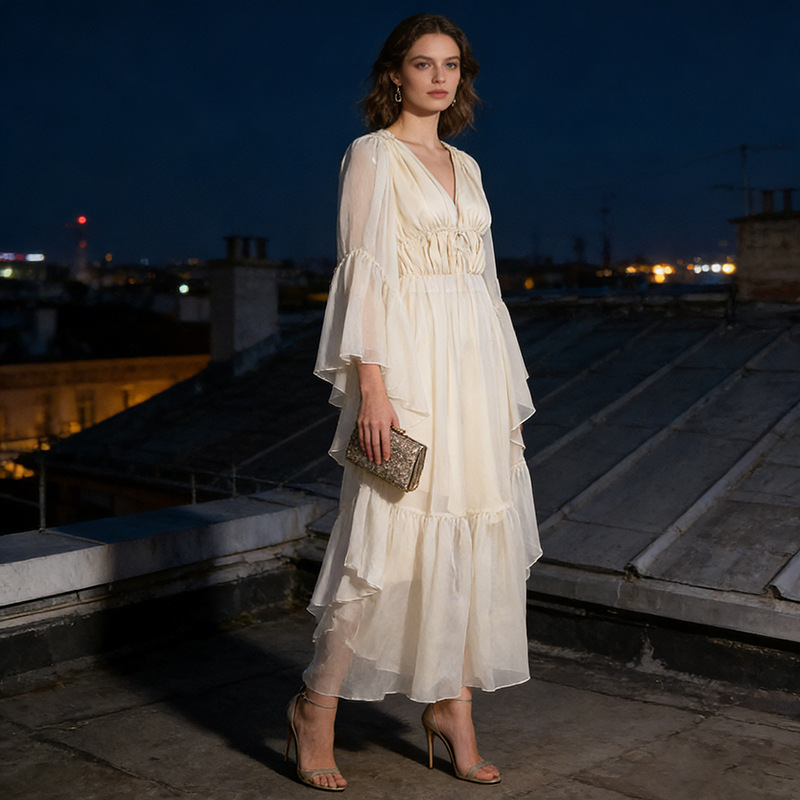 French-Style Twilight High-Waisted Chiffon Long-Sleeve Elegant Long Dress 2026 Summer New Women's Solid Color Ruffle Dress French-Style Twilight High-Waisted Chiffon Long-Sleeve Elegant Long Dress 2026 Summer New Women's Solid Color Ruffle Dress