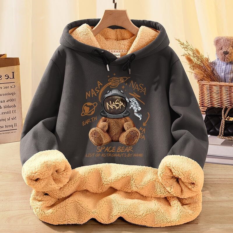 Hooded dark gray Sweatshirt Men's fleece-lined Thickened Winter 2023 Autumn and Winter Hooded Trendy Brand Lamb Fleece Jacket 12