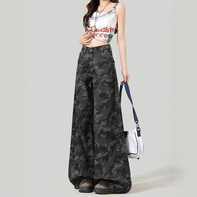 美潮设计感工装迷彩阔腿裤子女韩版2025春街头百搭垂感显瘦牛仔裤|undefined