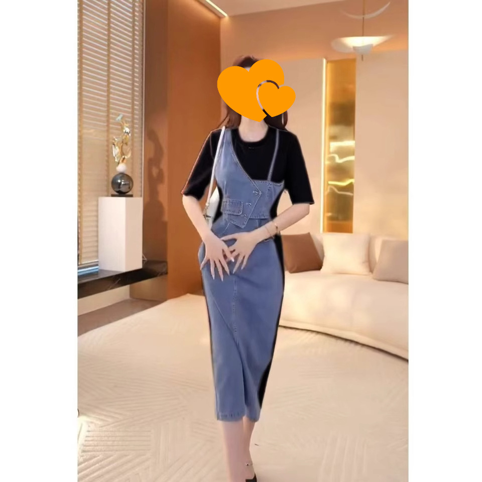 9108夏季设计感气质收腰显瘦牛仔拼色背带假两件连衣裙女