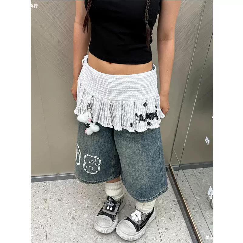 Весенне-летняя милая плиссированная юбка-комбинезон с цветочным принтом и кружевным принтом, многослойная юбка