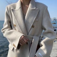韓版23冬季西裝領雙面羊絨大衣女長款高端系腰帶雙排扣羊毛呢外套