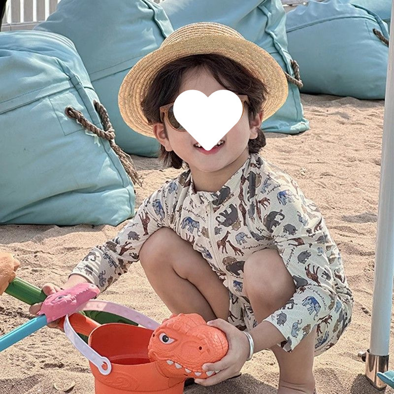 儿童泳衣夏男童韩版森林动物长袖防晒游泳衣宝宝沙滩度假速干泳装
