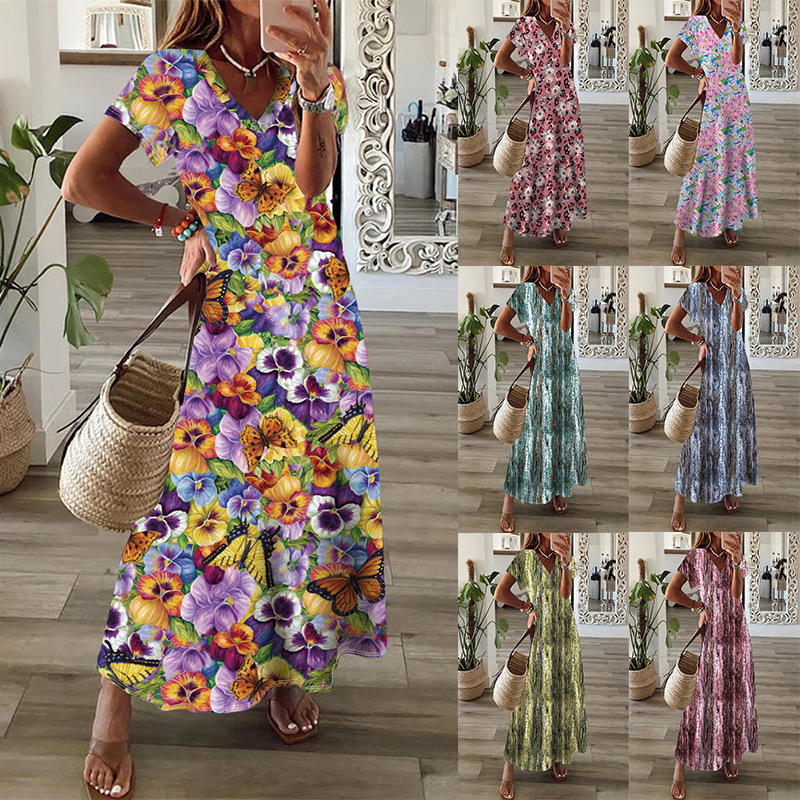 2024 spring and summer new European and American women's clothing Amazon independent station cross-border bohemian style printed large swing dress