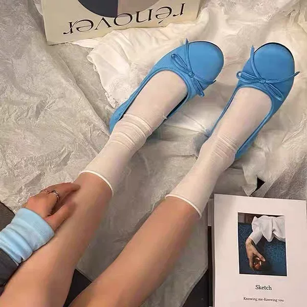 Blue Women's Flats 2026 New Style with Bow, Round Toe, Slip-On, Shallow Mouth, Flat Ballet Shoes