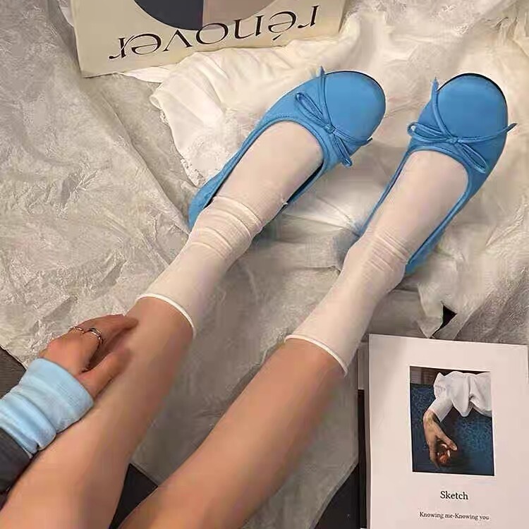 Blue Women's Flats 2026 New Style with Bow, Round Toe, Slip-On, Shallow Mouth, Flat Ballet Shoes