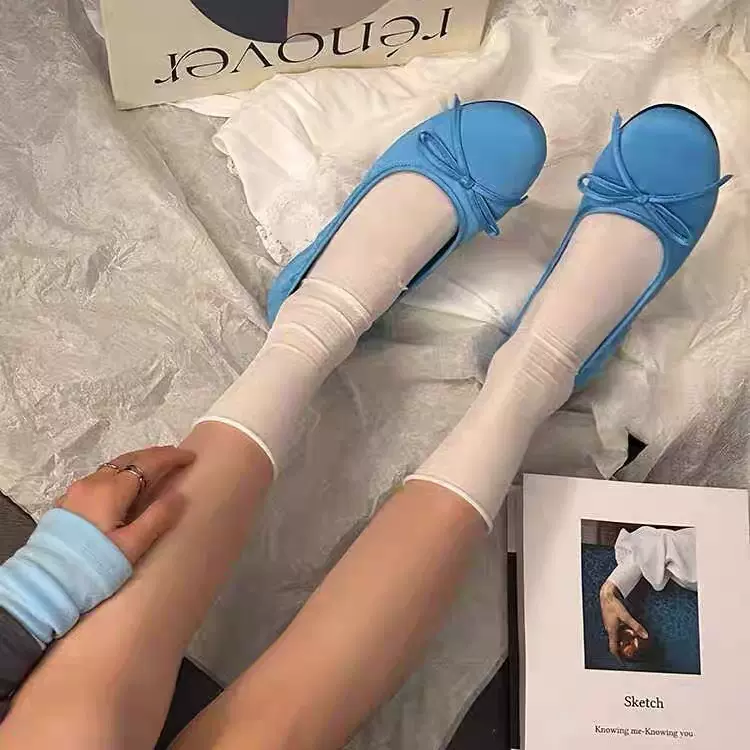 蓝色单鞋女2025新款蝴蝶结圆头一脚蹬浅口平底芭蕾舞鞋