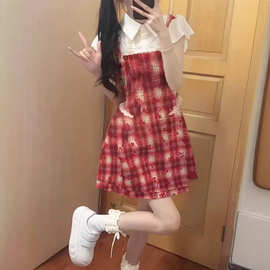 假两件格子连衣裙子夏季款小个子学院风收腰短裙红色青春活力可爱