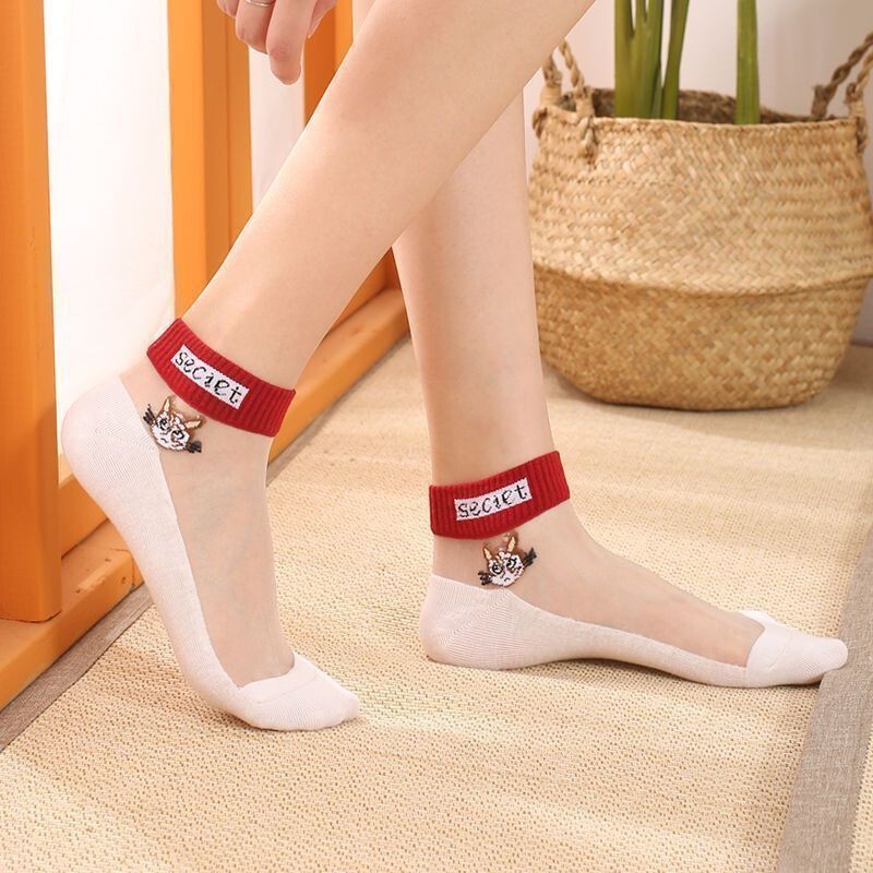 Spring Socks for Women, Summer Thin Sandal Socks, Crystal Socks, Boat Socks, Breathable Cat-Patterned Color-Blocking Cute Glass Silk Socks