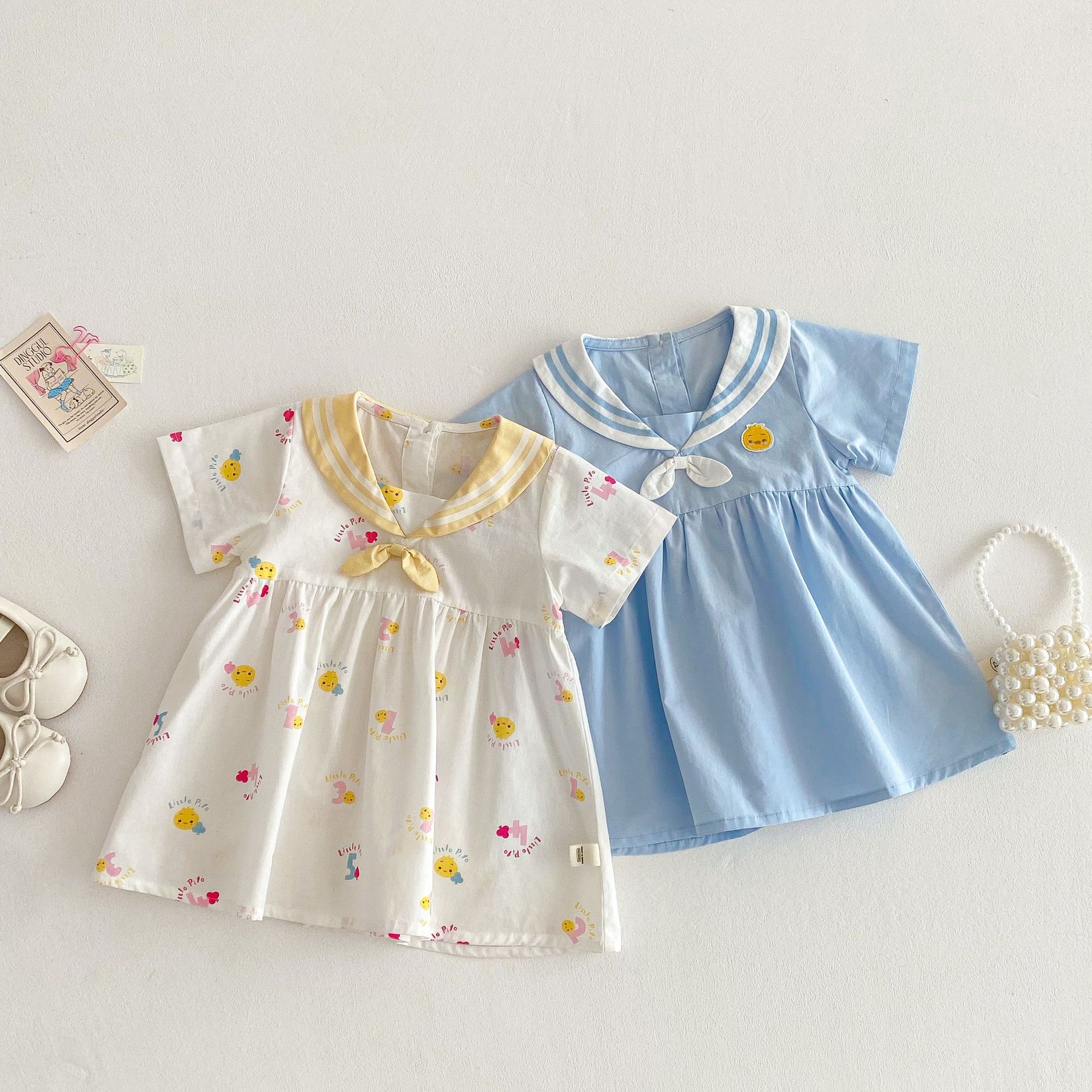 Girls' Little Duck Dress, Little Left and Little Right, Summer Children's Cute Navy Style Baby Summer Dress, Full Cartoon Print Dress