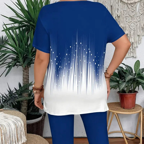 Summer Casual Striped Short-Sleeve T-Shirt and Tight Pants Set for Plus Size Women - TM001