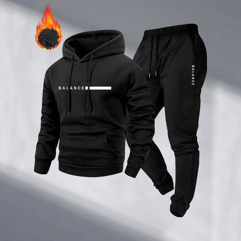 Spring and Autumn Fleece-Lined Hooded Sweatshirt Set for Men, Balance Letter Print, Warm Sports Casual Two-Piece Set