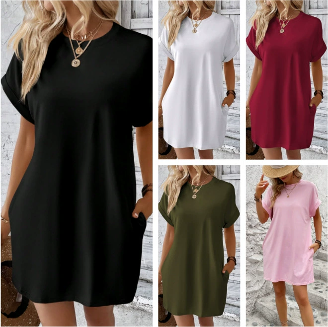 Летняя распродажа 2025: Европейская и американская трансграничная одежда для женщин, повседневное платье с контрастными полосками и круглым вырезом на Amazon