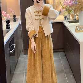 秋季网红新款新中式两件套女国风重工盘扣撞色显瘦外套阔腿裤新品