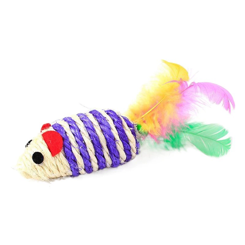Игрушка для кошек, мышь из сизаля с перьями и хвостом, прочная и устойчивая к разгрызанию, самодостаточное средство для развлечения кошек и снятия скуки, палочка для дразнения кошек.