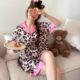 Spring and Summer New Japanese Style Cute Black Leather Leopard Print Kitty Barbie Pink Contrast Ice Silk Pajamas for Outer Wear Home Wear
