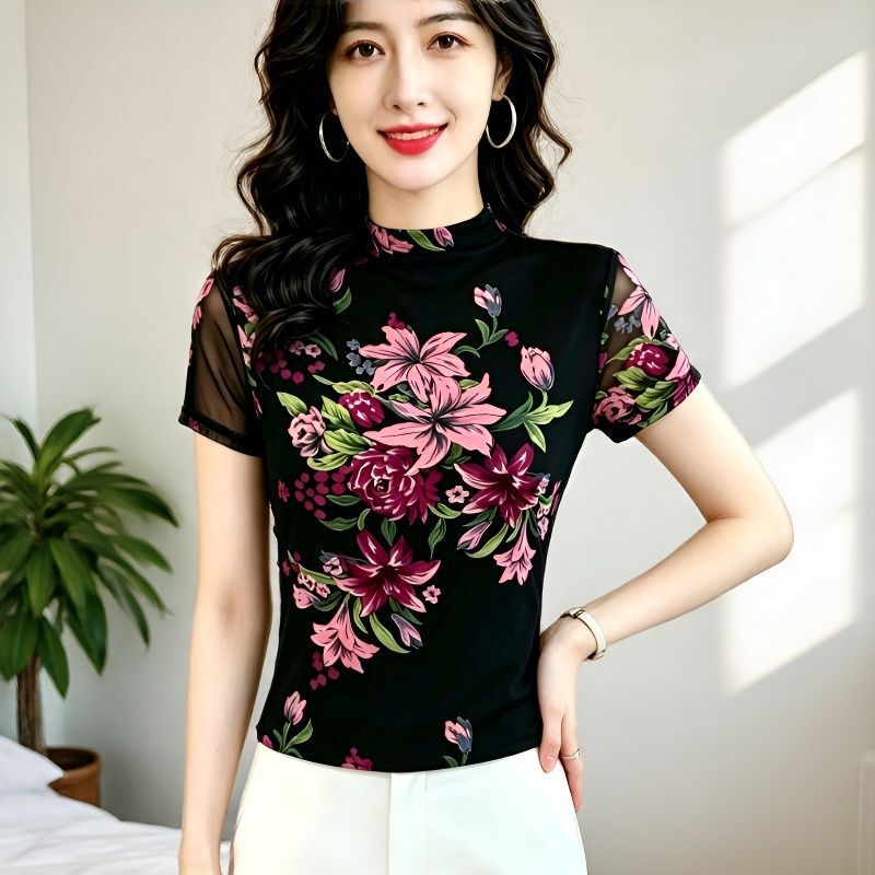 Chic and Beautiful Mesh Printed Blouse Half-Sleeved Top for Women 2026 Summer New Style Elegant Age-Reducing Soft Gauze Lace Shirt Chic and Beautiful Mesh Printed Blouse Half-Sleeved Top for Women 2026 Summer New Style Elegant Age-Reducing Soft Gauze Lace Shirt