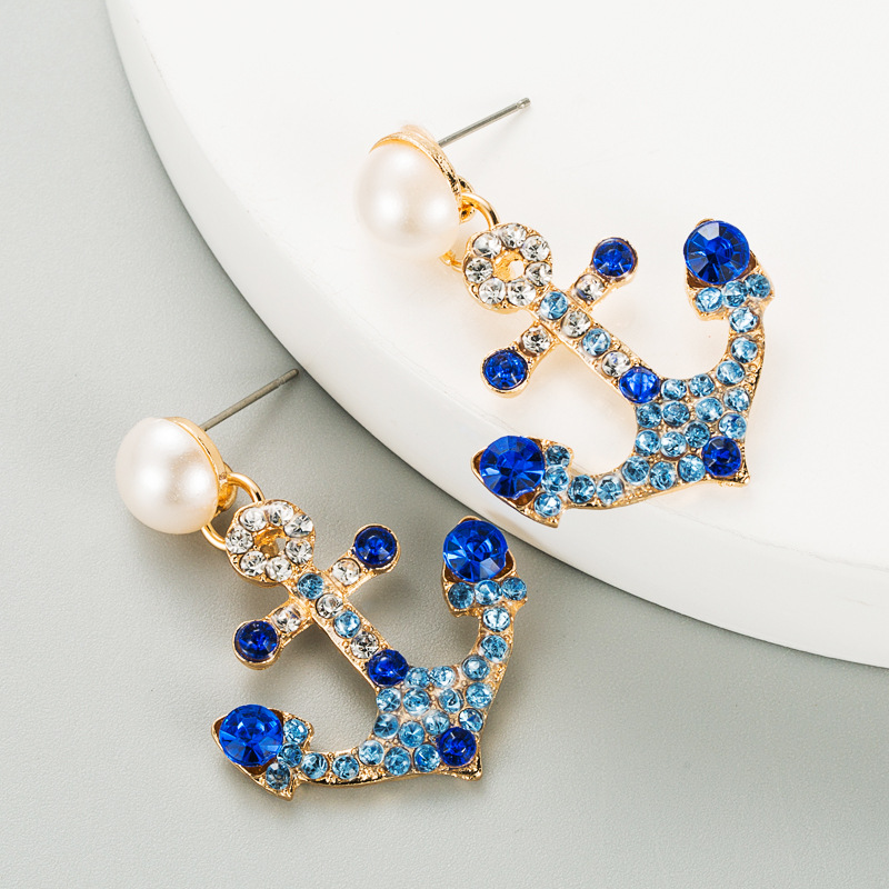 Retro Anchor Pearl Alloy Full Diamond Earrings display picture 4