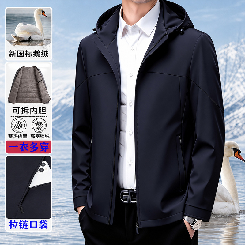 Men's new style goose down jacket for middle-aged, detachable hood, thickened and warm, with removable inner lining, white goose down coat Men's new style goose down jacket for middle-aged, detachable hood, thickened and warm, with removable inner lining, white goose down coat