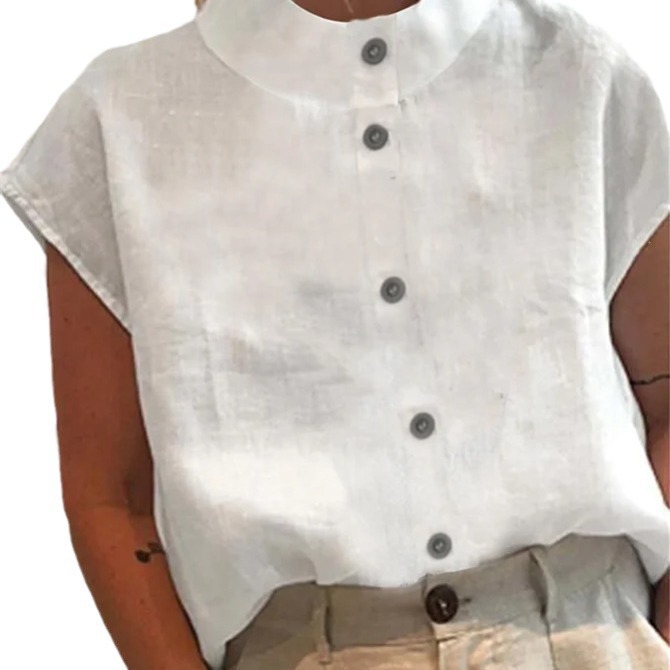 2023 europeo y americano Amazon estación independiente verano mujeres populares casual color sólido algodón y lino botón más tamaño camisa suelta