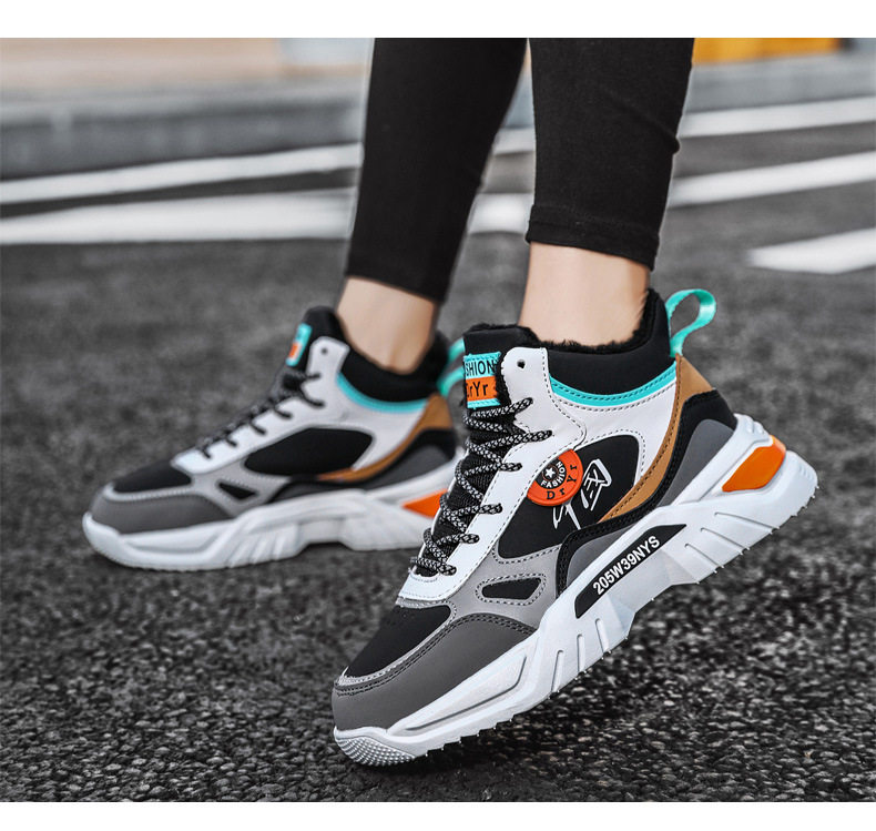 Giày sneaker cao cổ phối màu, lót nhung giữ ấm, đế cao su, dây buộc — 9013 Mẫu giày đơn Bai Lanyue, 9013 mẫu giày đơn màu đen và vàng, 9013 mẫu giày đơn màu đen xám, 9013-1 cộng với nhung trắng đen xám chi tiết 21
