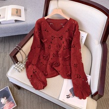红色立体花朵长袖针织衫女春秋2025大码胖mm设计感镂空打底衫上衣