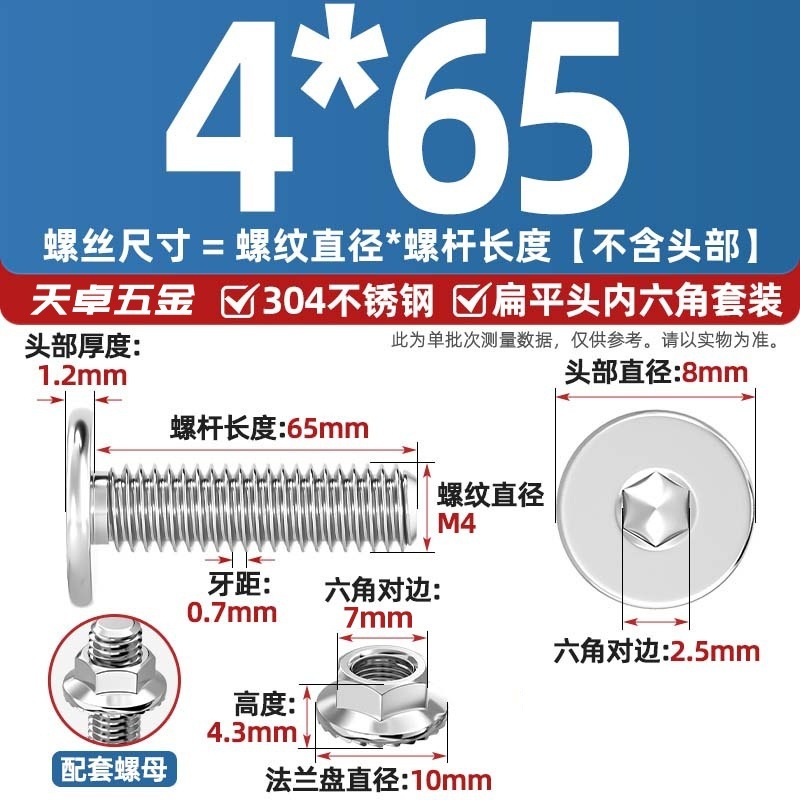 304不锈钢CM大平头超薄头C头扁平头内六角螺丝钉法兰边螺母套装M5|undefined