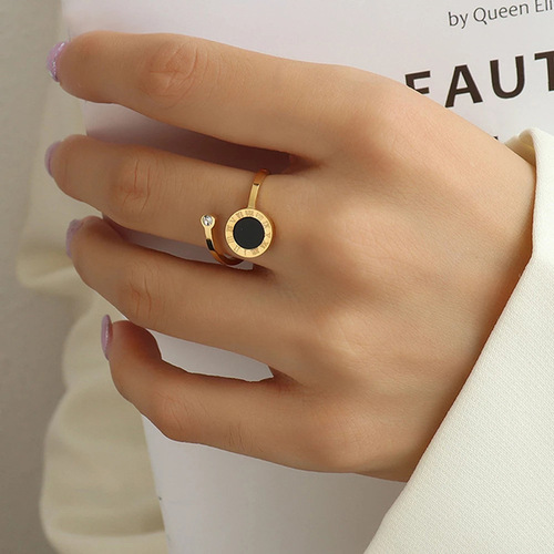 Xinghe European and American Roman numerals shell titanium steel ring open with diamond tail ring index finger ring 18k gold jewelry