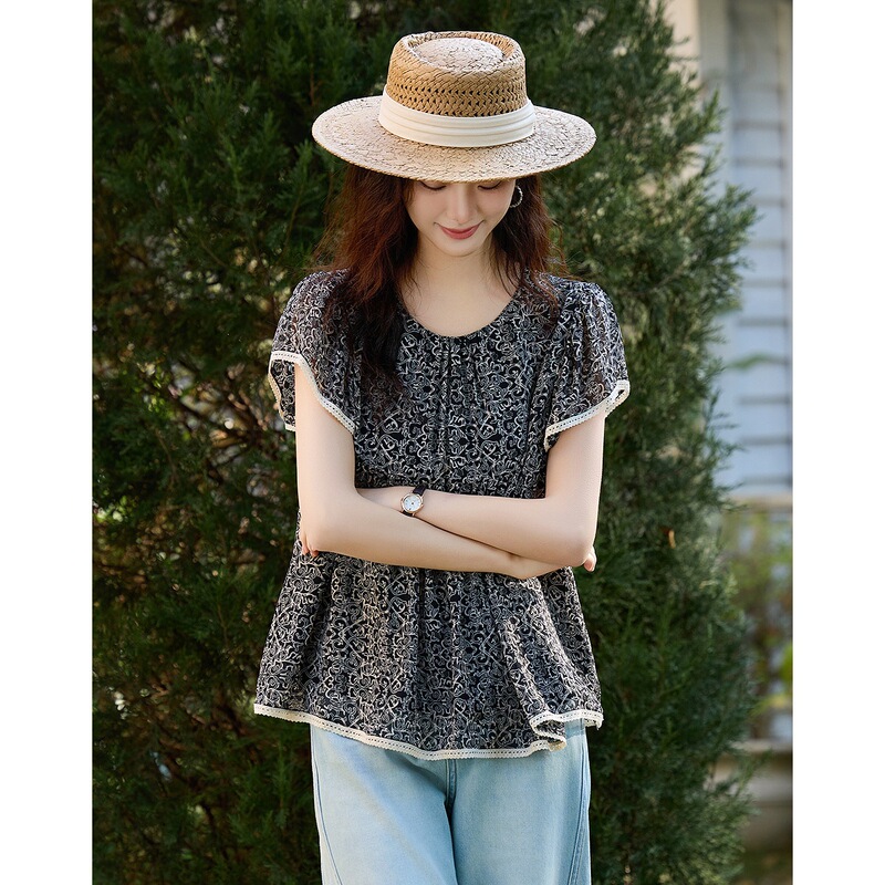 75D chiffon beaded print summer flowy small flutter sleeve contrast color lace shirt loose blouse women's top black 75D chiffon beaded print summer flowy small flutter sleeve contrast color lace shirt loose blouse women's top black