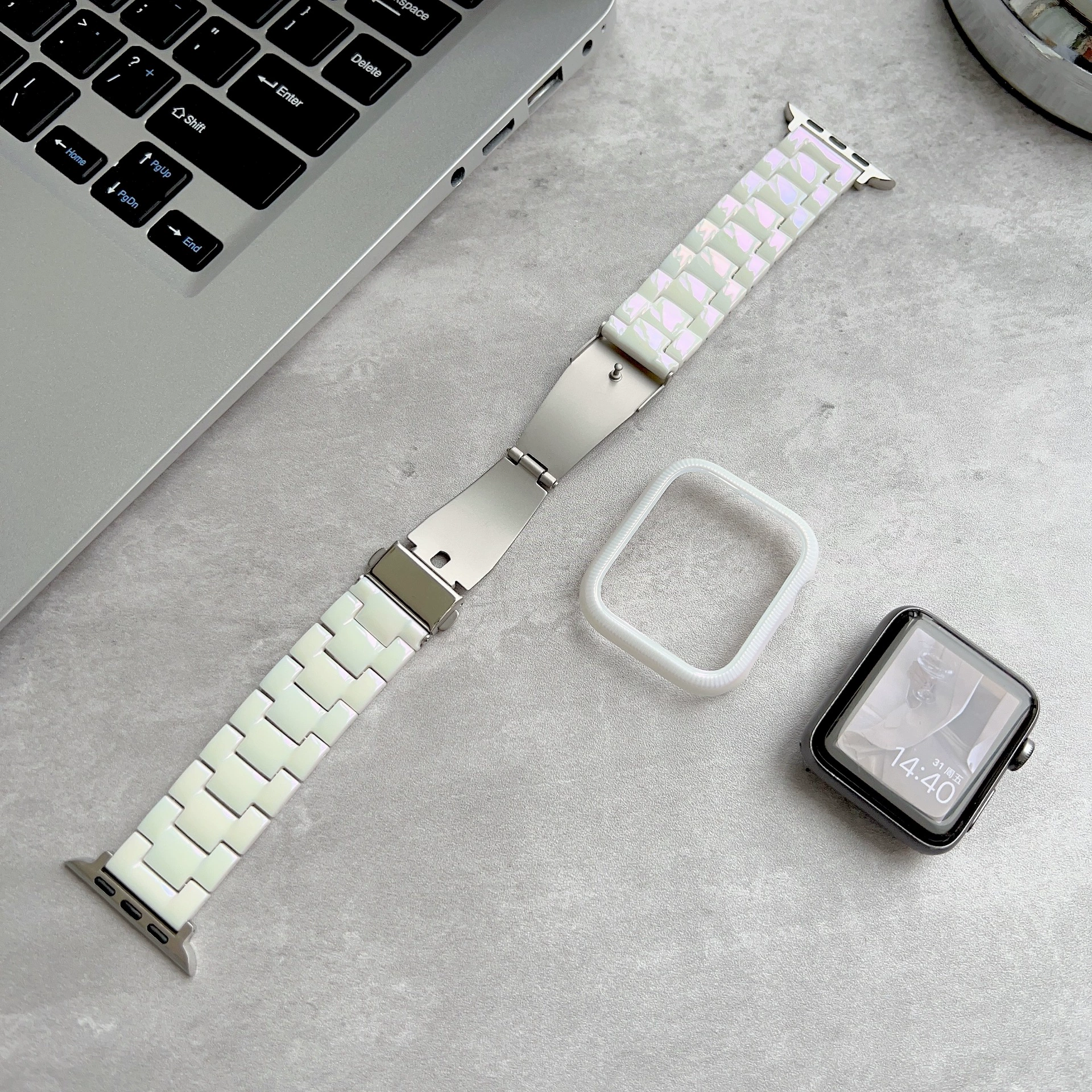 Ремешок для iWatch10/первого поколения SE, чехол для женщин, жемчужно-белый лазер, имитация керамики с тремя бусинами, 42 мм