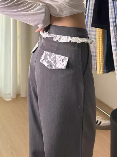 Retro grey lace spliced ​​suit pants casual pants high-end loose wide-leg pants draped straight trousers